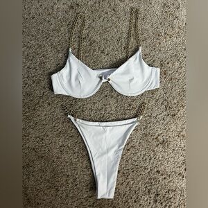 White bikini with gold chain straps